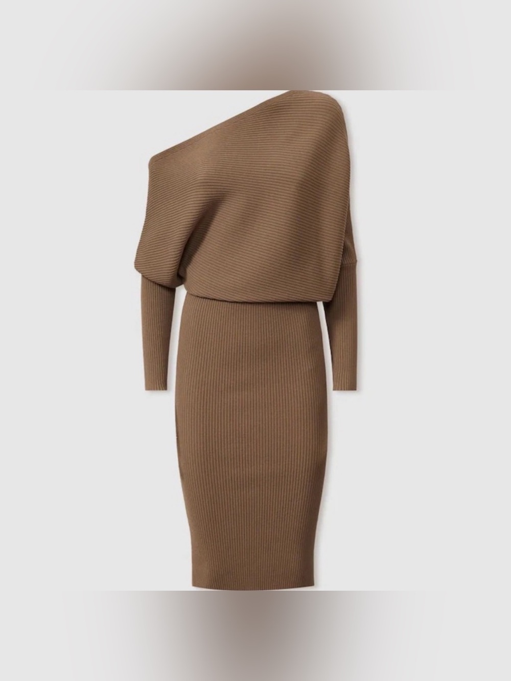 Reiss Women’s Lara Off-The-Shoulder Ribbed Midi Dress in Camel Size Small